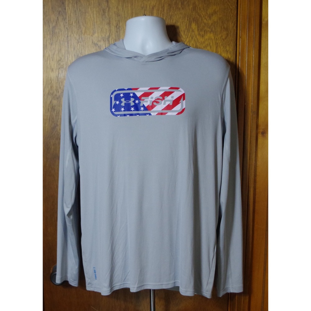 NWT Under‎ Armour Men M ISO-CHILL Freedom Fish Hoodie Grey UPF 50 Fishing Shirt